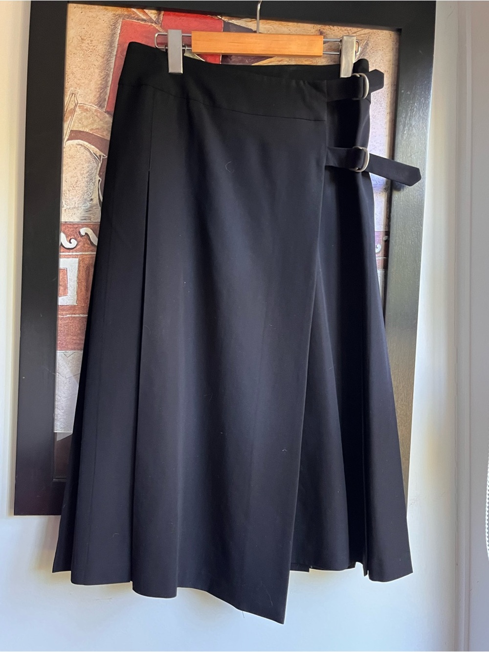 Vintage 💯 Wool Holt Renfrew Double Buckle Wrap Pleated Midi Maxi Black Skirt S/M